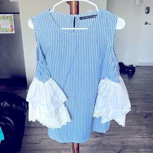 Light blue stripped blouse with cold shoulder/peek a boo